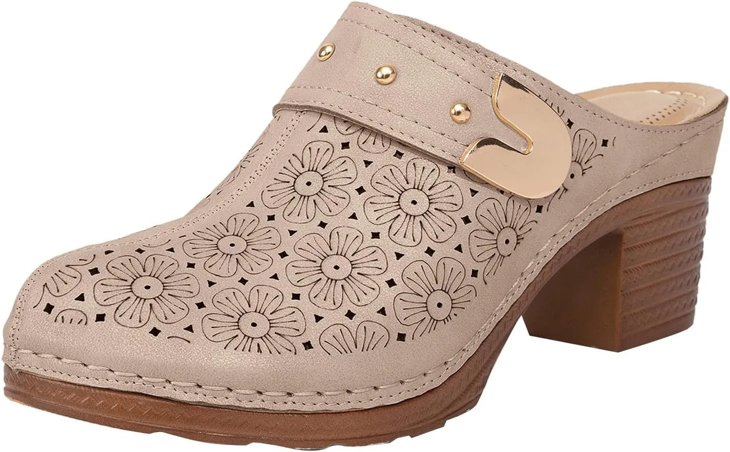 Women’s Hollow Closed Toe Chunky Heels Sandals,Fashionable Simple Comfortable Summer Stylish Footwear with Arch Support Retro Flower Pattern Slip On Slides Loafer Shoes
