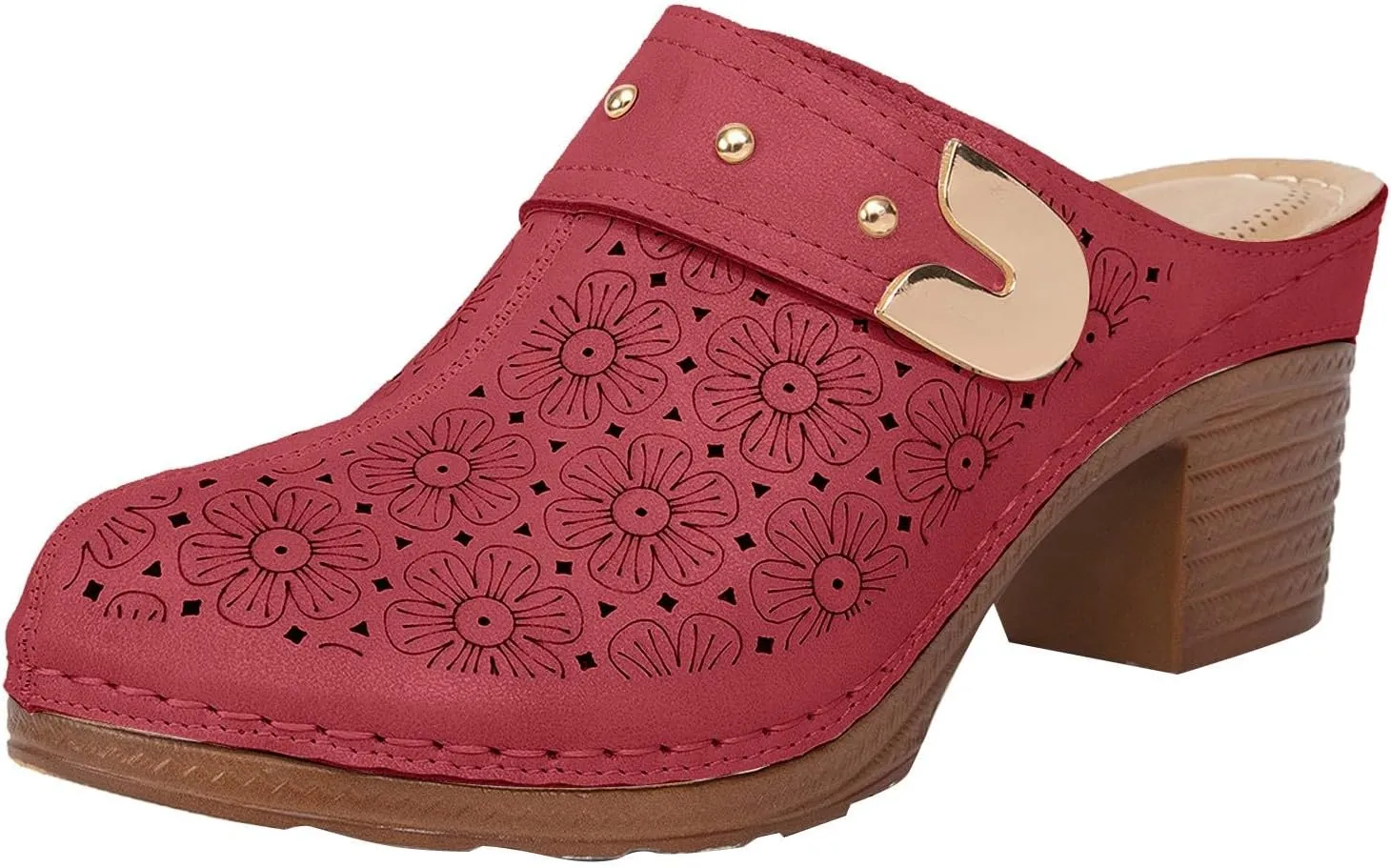 Women’s Hollow Closed Toe Chunky Heels Sandals,Fashionable Simple Comfortable Summer Stylish Footwear with Arch Support Retro Flower Pattern Slip On Slides Loafer Shoes
