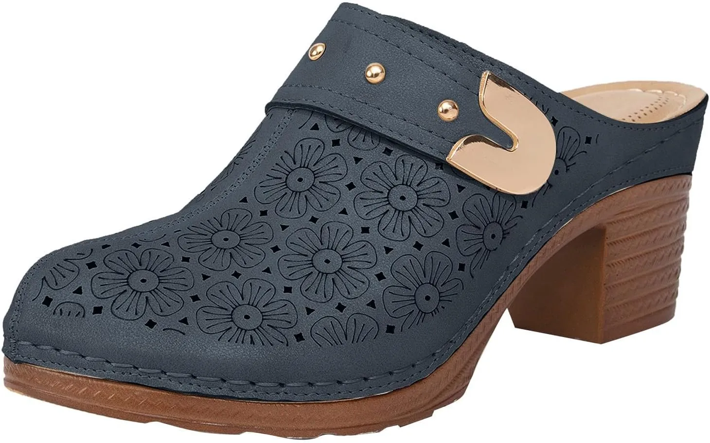 Women’s Hollow Closed Toe Chunky Heels Sandals,Fashionable Simple Comfortable Summer Stylish Footwear with Arch Support Retro Flower Pattern Slip On Slides Loafer Shoes