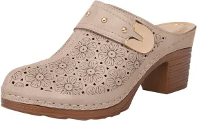 Women’s Hollow Closed Toe Chunky Heels Sandals,Fashionable Simple Comfortable Summer Stylish Footwear with Arch Support Retro Flower Pattern Slip On Slides Loafer Shoes